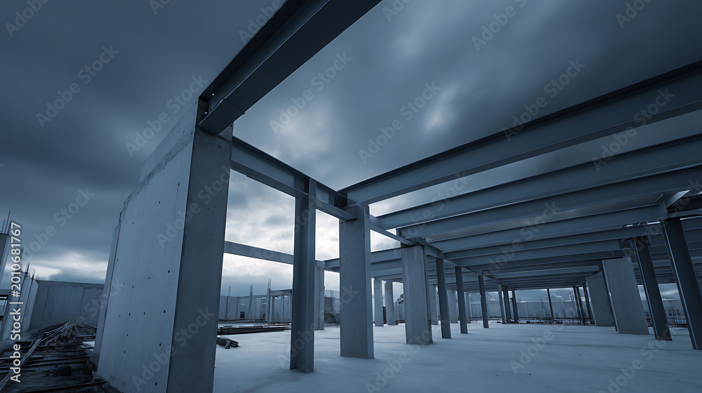 Fototapeta premium Modern construction site with concrete and steel framework under dramatic cloudy sky, showcasing building development and architectural structure