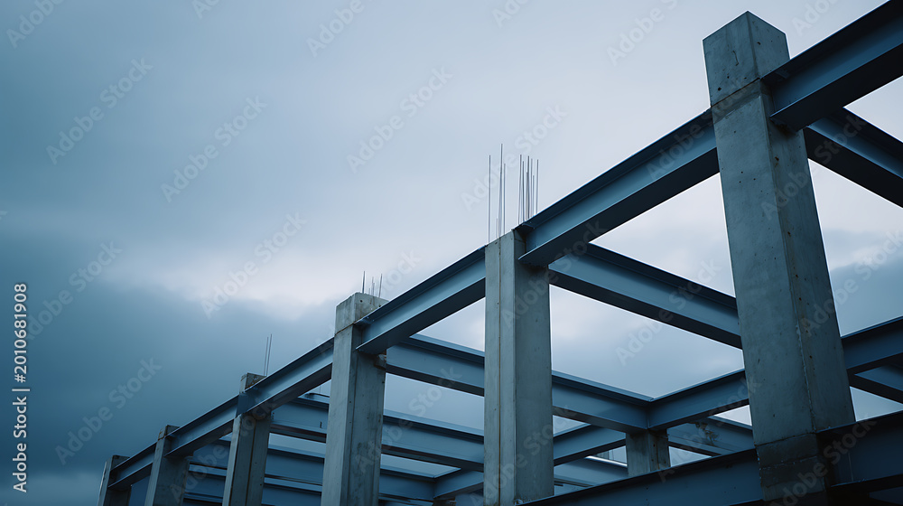 Fototapeta premium Modern Building Framework with Steel Girders and Concrete Columns Under a Dramatic Sky, Future Urban Development