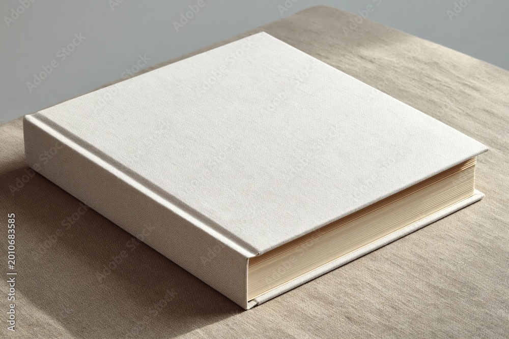 Fototapeta premium Clean, Blank White Hardcover Book Lying Open on a Textured Table Surface