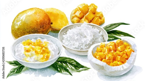 Watercolor illustration of fresh mango fruit with sticky rice and shredded coconut served in small white ceramic bowls on a clean white background for food design