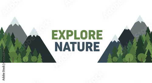 Bilde på lerret Explore Nature typography with flat style mountain and forest landscape illustration