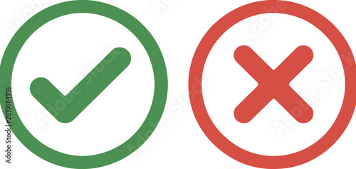 Quadro su tela Checkmark and cross icon set, green check mark and red x symbols representing correct and incorrect choices for validation feedback and decision design