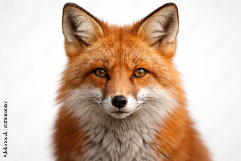 Fototapeta premium A fox looks directly at the viewer with bright eyes and a fluffy coat. The background is simple and highlights the foxs unique features.