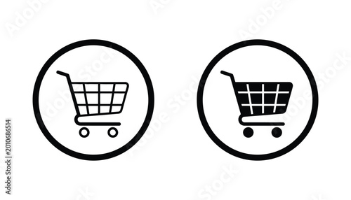 Shopping cart icons within circles outline and solid fill vector graphics for e-commerce buttons and navigation elements