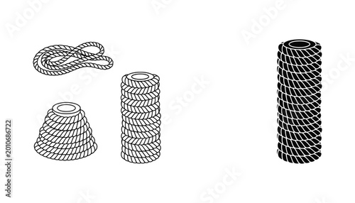 Coiled nautical rope stacks in outline and solid black graphic style for maritime and industrial design applications