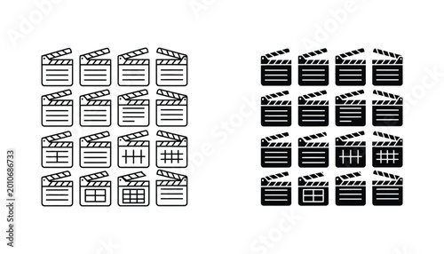 Movie clapperboard collection in outline and solid black style for film production and multimedia editing software icons