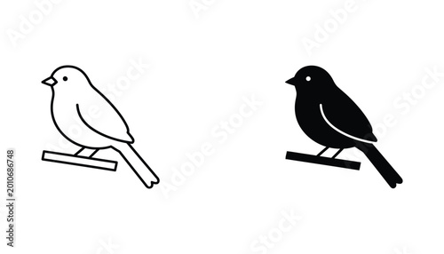 Minimalist line drawing and solid black silhouette of a small bird perched on a rectangular perch for simple icon use
