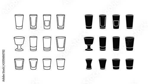 Collection of various shot glasses in outline and solid silhouette styles for bar or beverage service design elements