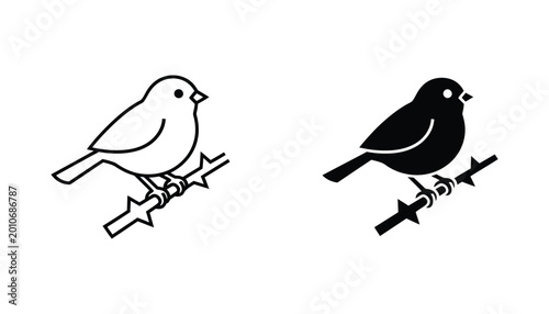 Simple line art and solid silhouette of a small bird perched on a barbed wire fence for a minimalist graphic design concept