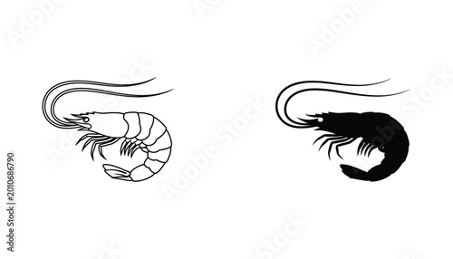 Detailed outline and solid black silhouette of a shrimp or prawn with long antennae for seafood or culinary design themes