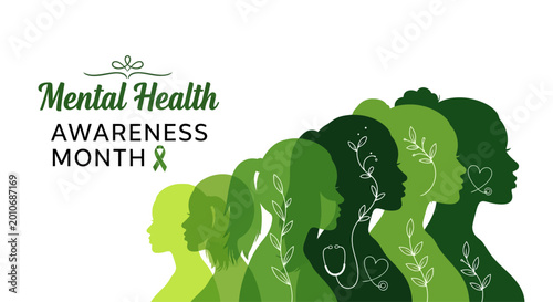 Mental Health Awareness Month graphic featuring diverse green silhouettes with floral elements.