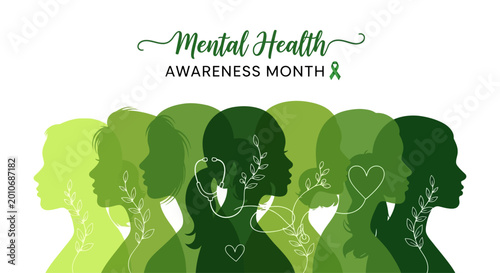Tableau sur toile Mental Health Awareness Month concept with silhouettes and floral elements