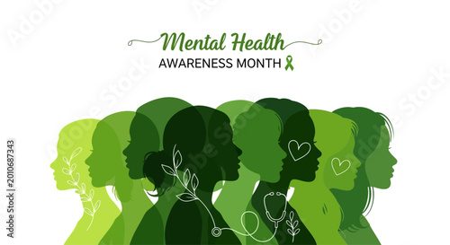 Fotografía Mental Health Awareness Month illustration with diverse green silhouette profiles