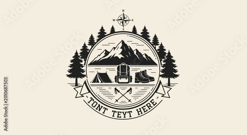 Bilde på lerret Vintage adventure badge with mountains forest and camping gear illustration