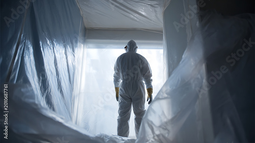 Person in full protective suit stands in an area sectioned off by clear plastic sheeting, looking towards a bright window, ready for work