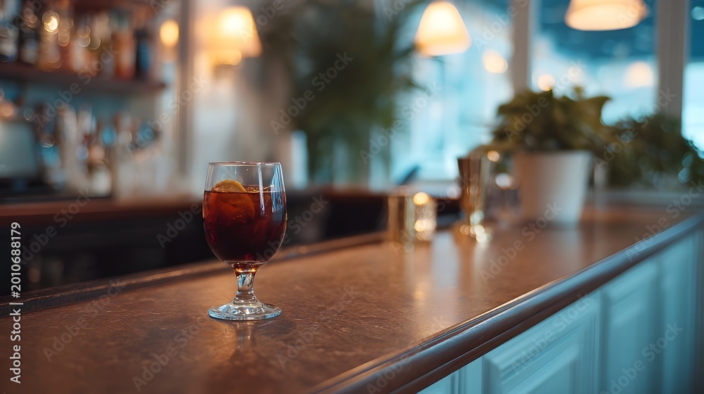 Obraz premium A richly colored cocktail rests on a polished bar counter in a dimly lit sophisticated lounge setting