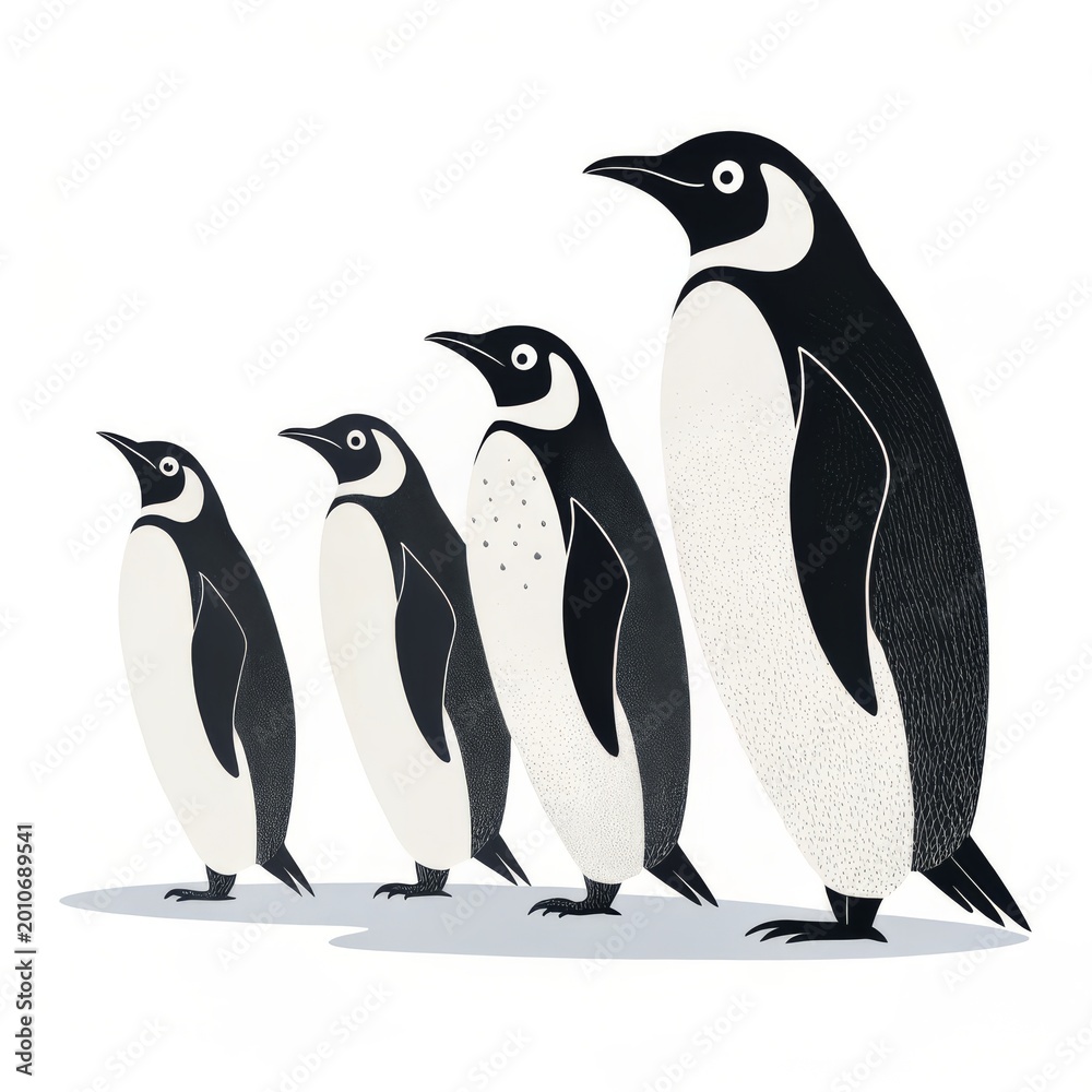 Obraz premium A simple illustration of four penguins standing in a row on a white background surface design