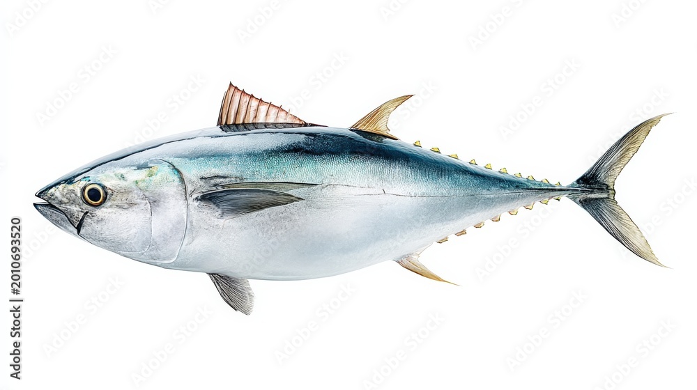 Obraz premium Detailed Watercolor Illustration of a Fresh Yellowfin Tuna Fish Isolated on White Background