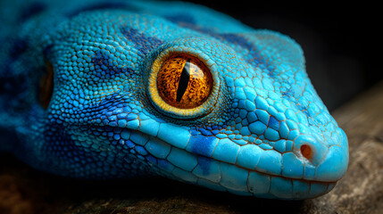 A close up of a blue reptile with golden eyes that glows