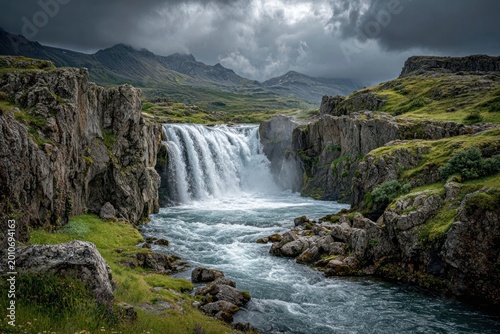 Iceland Waterfall In Summer Green Powerful Dramatic