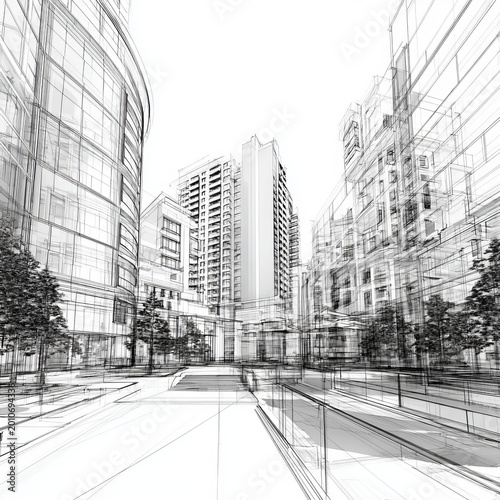 3D illustration linear drawing. Imagination architecture urban building design, architecture modern abstract background. 