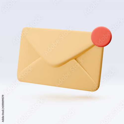 Vector 3d render yellow envelope icon with notification isolated on white. Message, mail, newsletter subscriptions, business documents, email services. Illustration for banner, web, social media, app