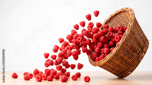 Raspberries spilling from basket, fresh berries flying in motion, isolated on light background