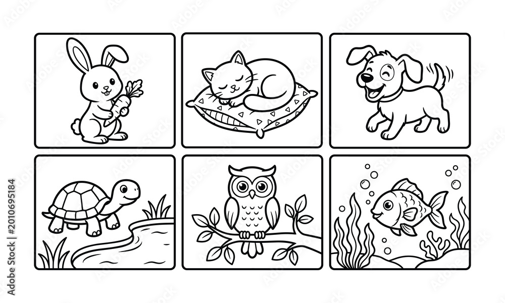 Fototapeta premium Cute, Animal, Coloring, Pages, Set, For, Kids, Featuring, Rabbit, Cat, Dog, Turtle, Owl, Fish, Simple, Outline, Vector, Illustration, Educational, Activity