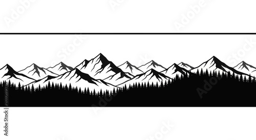 Canvas-taulu Black and white mountain range silhouette with pine forest foreground