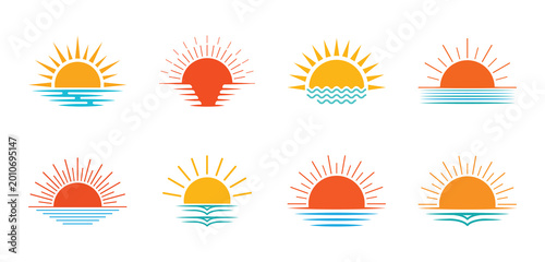 Set of colorful sunset and sunrise logo icons silhouette vector illustrations feature various sunburst styles and ocean ripples. Vector icons of nature.
