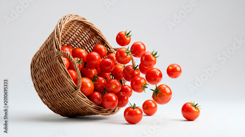 Fresh tomatoes spilling out of basket, red vegetables flying in air, isolated on light background