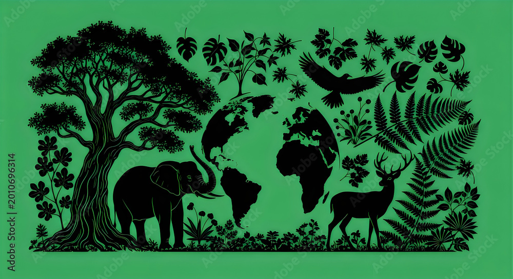 Obraz premium Black silhouettes of jungle animals and plants on green