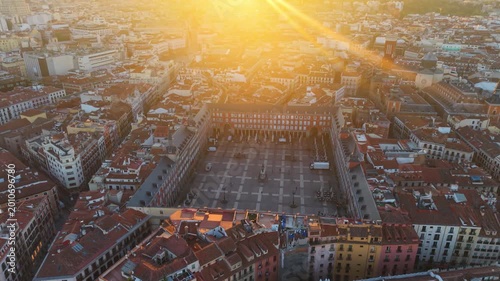 Aerial view of Plaza Mayor At Madrid. Spain. Medieval Buildings Landscape. Downtown District. Madrid At Community Of Madrid Spain. 
