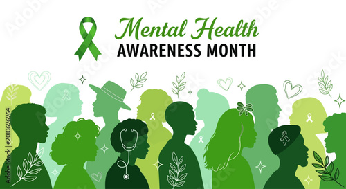 Tableau sur toile Mental Health Awareness Month graphic with green silhouettes of diverse people