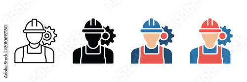 Industrial worker icon set displaying a person wearing a safety helmet and overalls with a mechanical gear. Features four distinct vector styles: outline, solid black, and two vibrant duotone flat