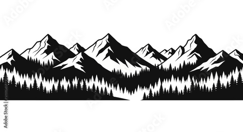 Bild auf Leinwand Black and white mountain range with pine forest silhouette.