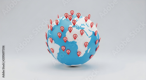 Global connections with red location pins on a blue earth