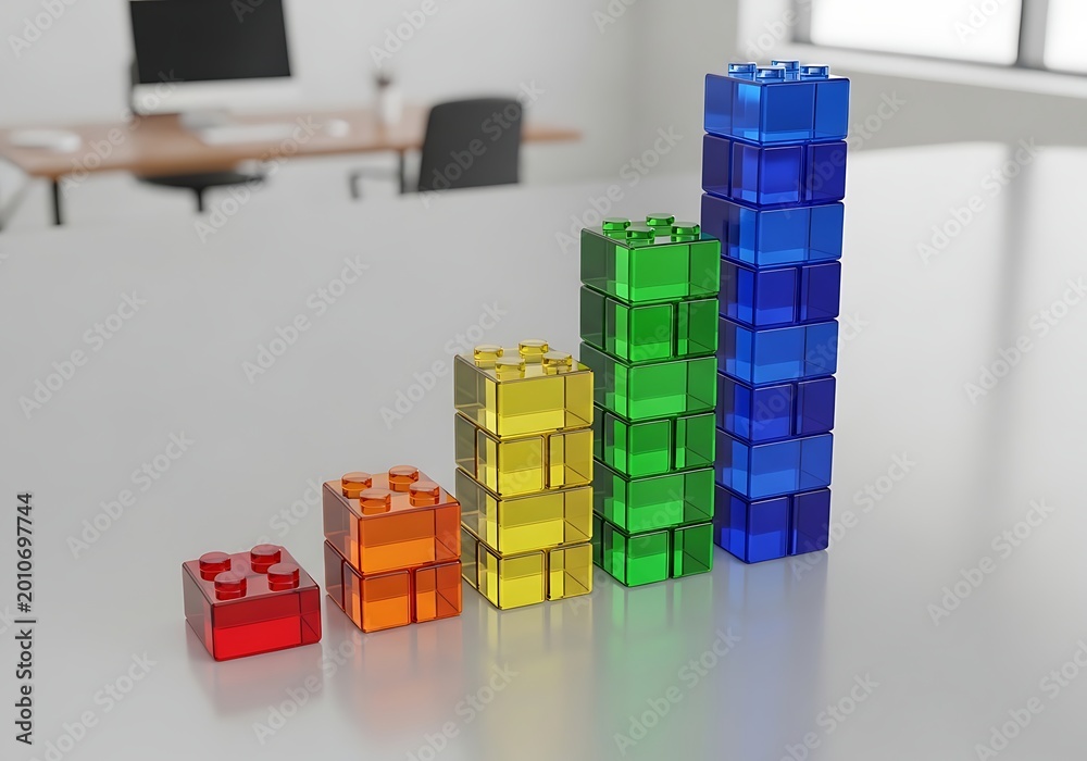 Obraz premium Colorful translucent blocks stacked in bar graph formation on office table