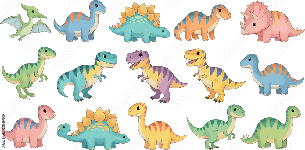 Fototapeta premium Cartoon Style Illustration of Colorful Cute Dinosaurs in Various Poses and Patterns