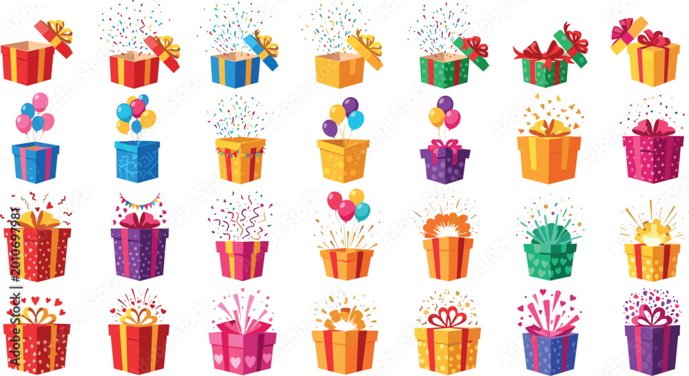 Fototapeta premium Cartoon Style Illustration of Colorful Gift Boxes with Balloons, Confetti, and Ribbons for Celebrations