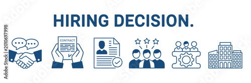 Hiring decision icon set recruitment process, job interview, contract signing, candidate selection, human resources management, business employment concept