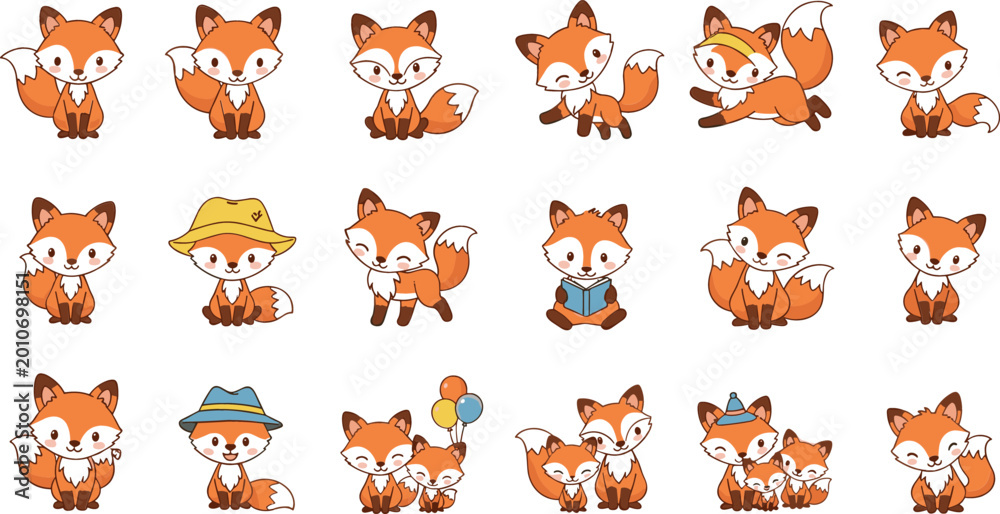Obraz premium Cartoon Style Illustration of Cute Foxes in Various Poses and Outfits with Playful Expressions