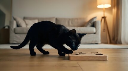 Black cat playing with wooden puzzle toy on hardwood floor in cozy living room with sofa and lamp. Pet enrichment and indoor entertainment concept.