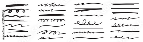 Hand drawn black underline and highlight strokes set, brush and marker doodle lines, abstract emphasis elements vector isolated on transparent background 