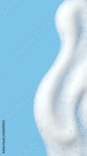 White foamy soap bubbles on bright blue background for cleaning and hygiene concepts in advertising and product design.