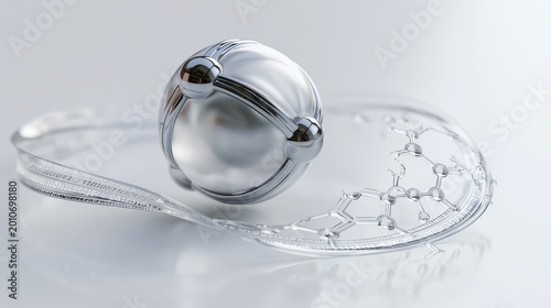 Minimalist 3D render of quantum supremacy featuring floating chrome and glass qubit sphere on a white background. Translucent binary code streams transform into molecular formulas under soft lighting