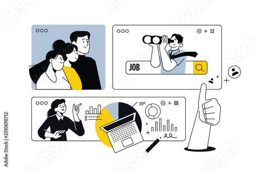 Creative business banners of job search, team, data analytics. Vector illustrations for web banner, social media banner, business presentation, marketing material. 