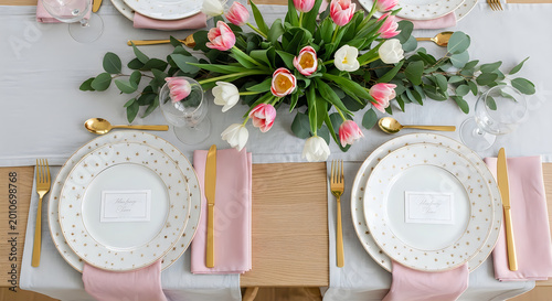 Set table with plates and flowers