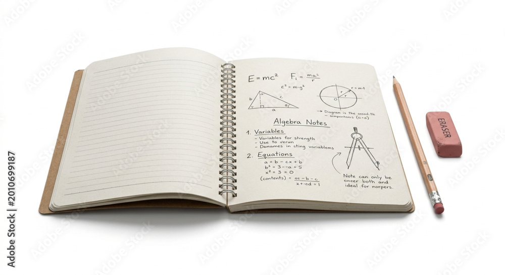 Fototapeta premium Open Notebook with Pencil and Eraser – Clean Educational Concept on White Background