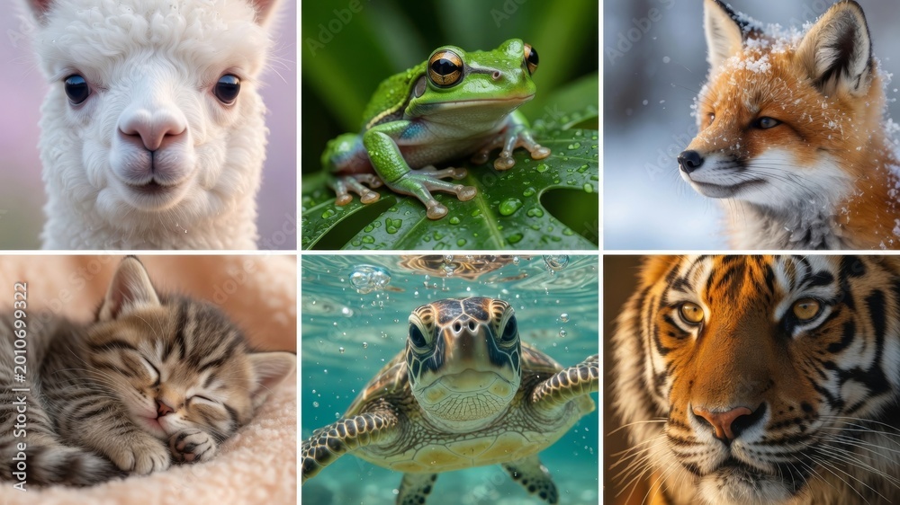 Fototapeta premium Wildlife diversity collage featuring an alpaca, frog, fox, kitten, sea turtle, and tiger portraits